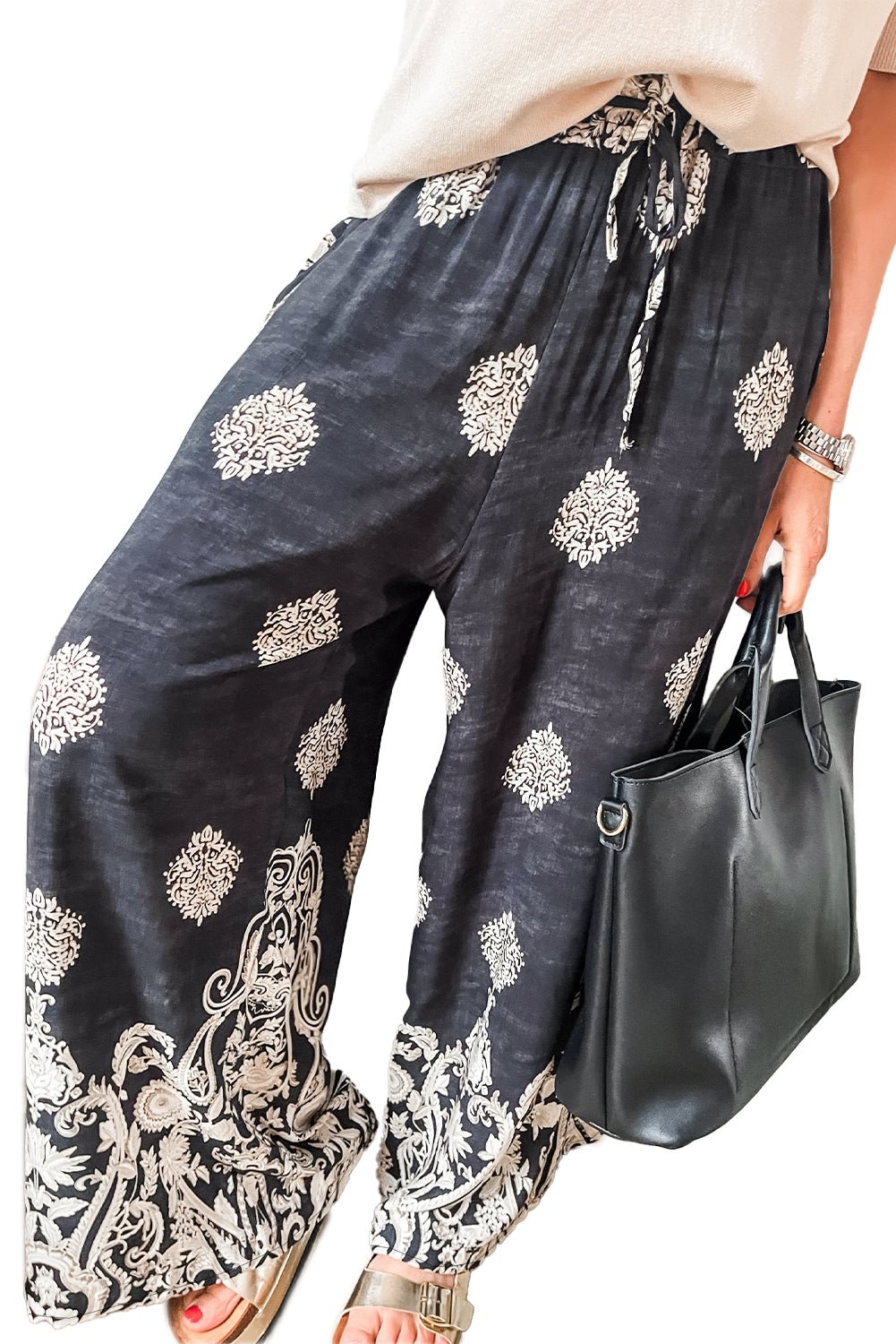 Black Bohemian Print Drawstring Waist Wide Leg Pants - Creative Designs by Shanny