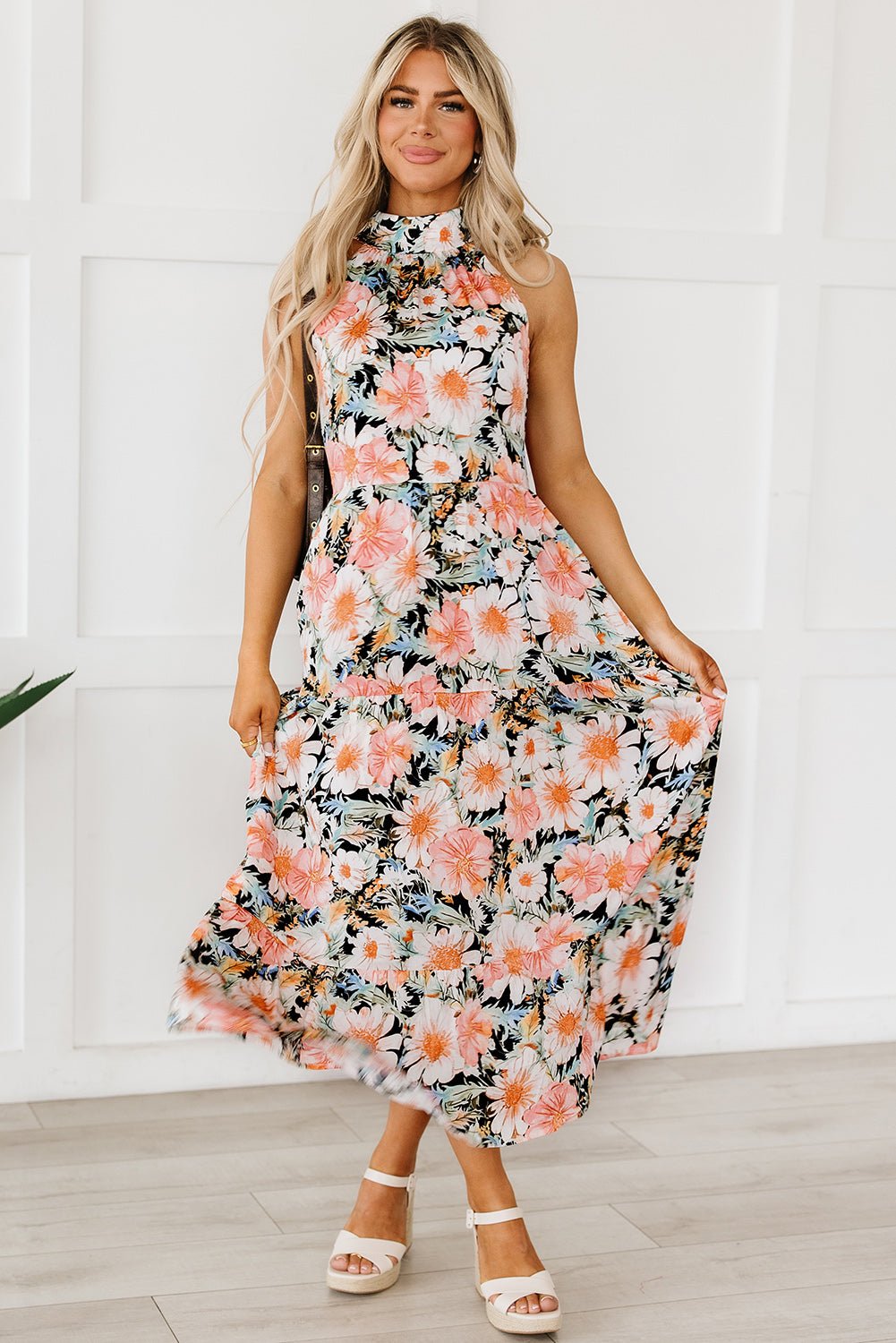 Black Boho Floral Print Knotted Halter Ruffled Maxi Dress - Creative Designs by Shanny