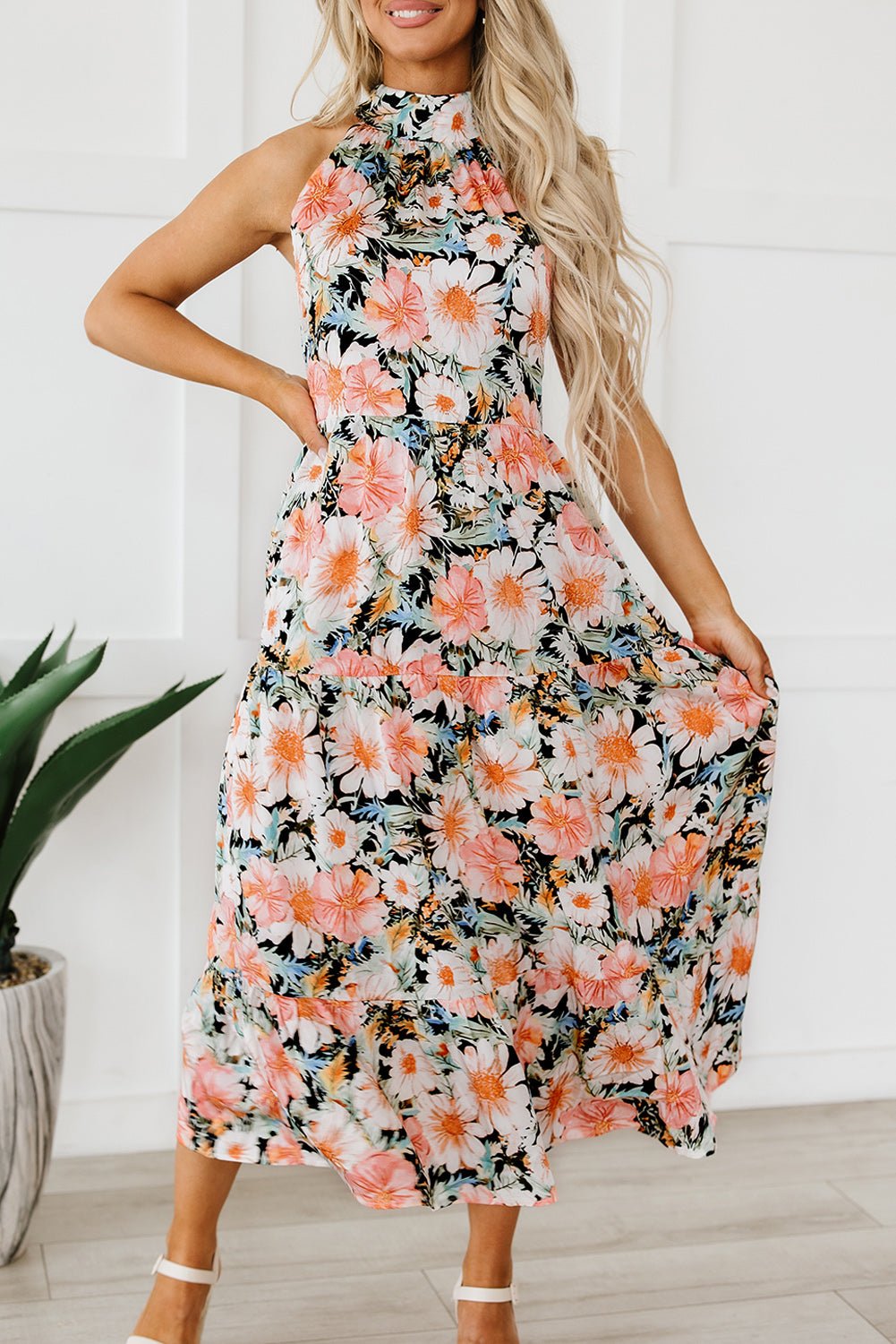 Black Boho Floral Print Knotted Halter Ruffled Maxi Dress - Creative Designs by Shanny