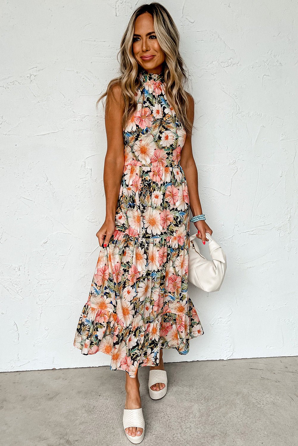 Black Boho Floral Print Knotted Halter Ruffled Maxi Dress - Creative Designs by Shanny