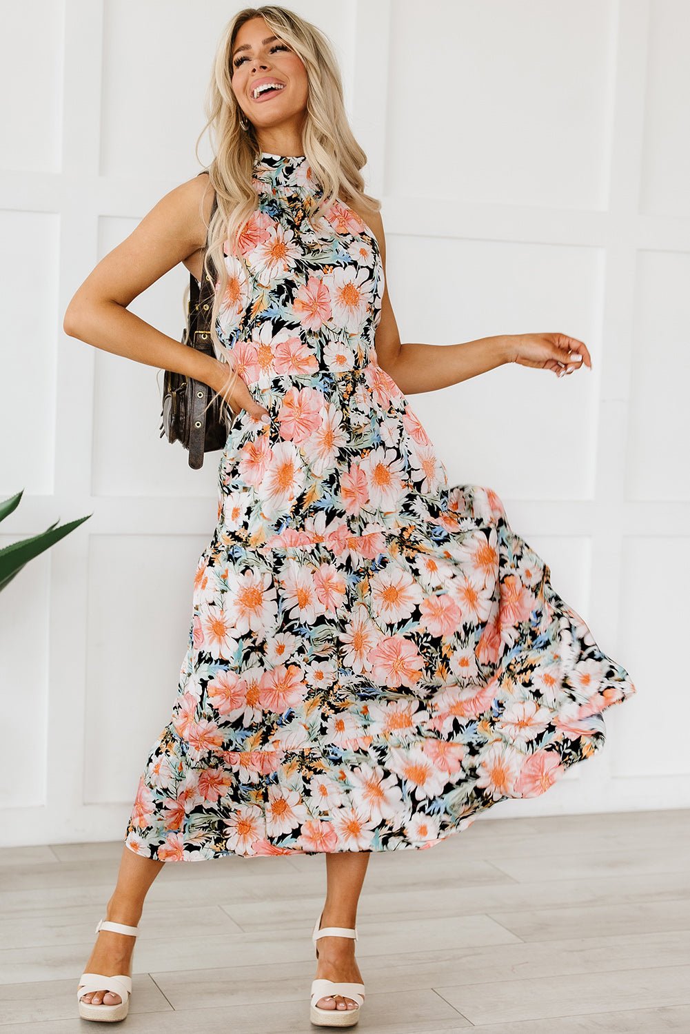 Black Boho Floral Print Knotted Halter Ruffled Maxi Dress - Creative Designs by Shanny