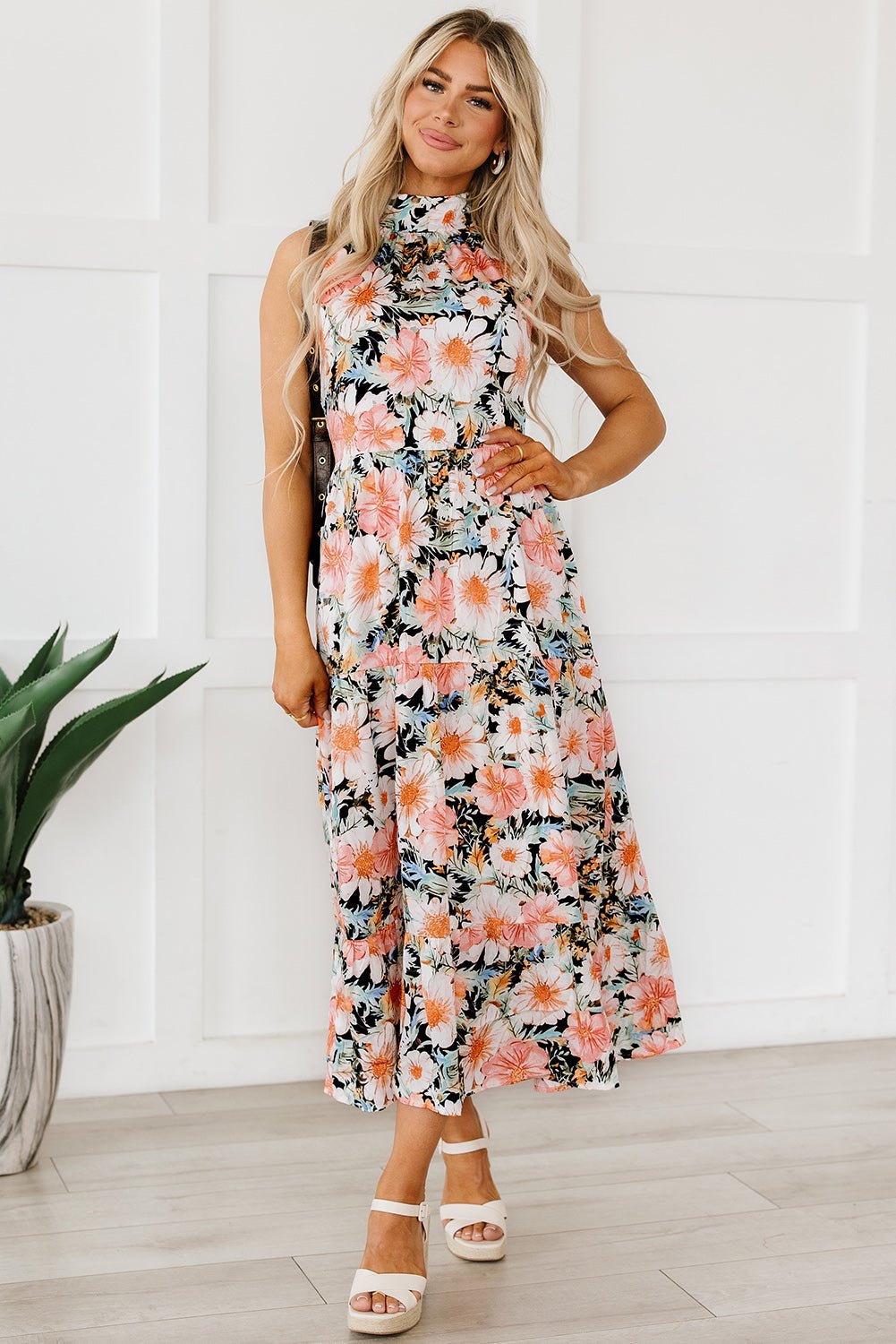 Black Boho Floral Print Knotted Halter Ruffled Maxi Dress - Creative Designs by Shanny