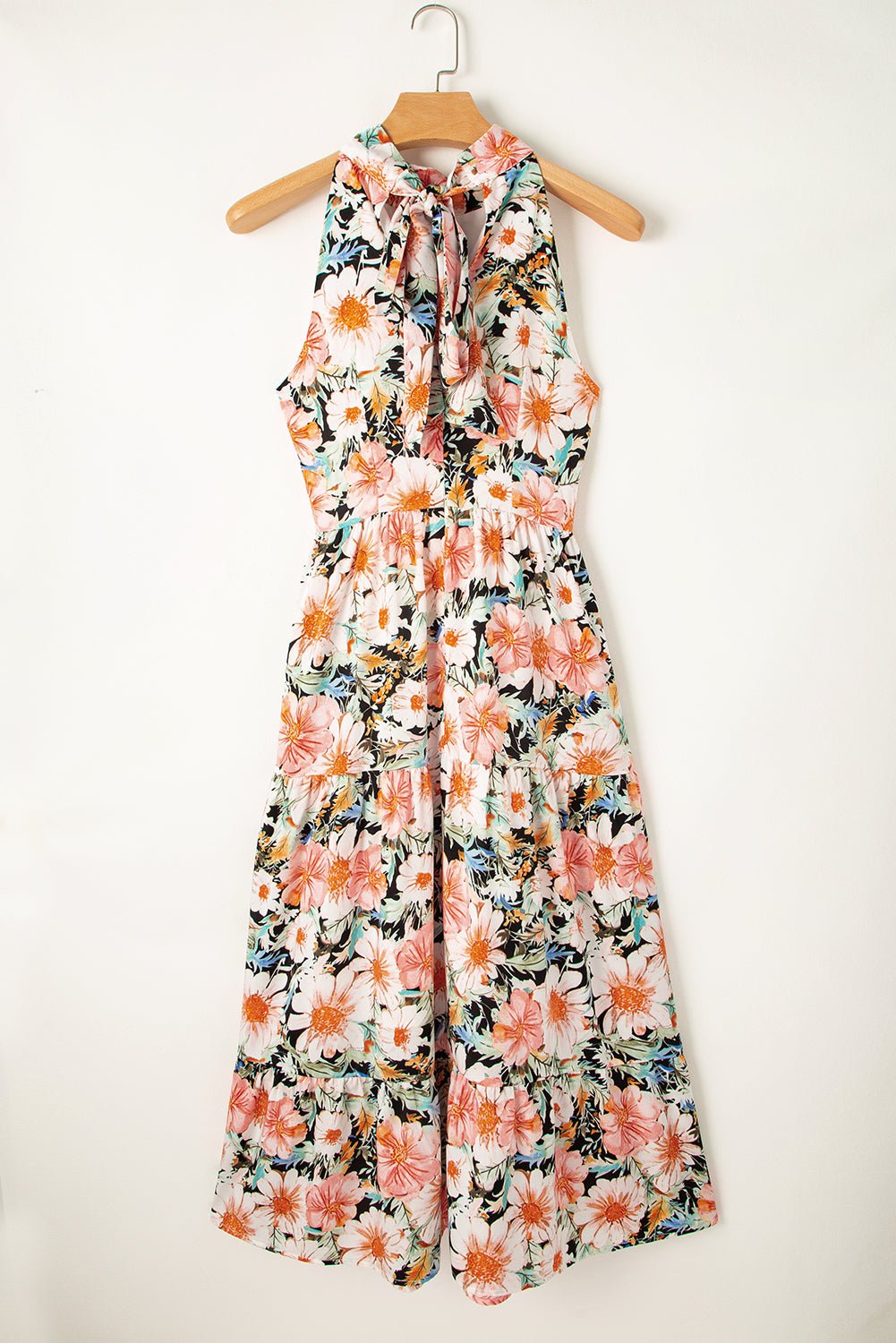 Black Boho Floral Print Knotted Halter Ruffled Maxi Dress - Creative Designs by Shanny