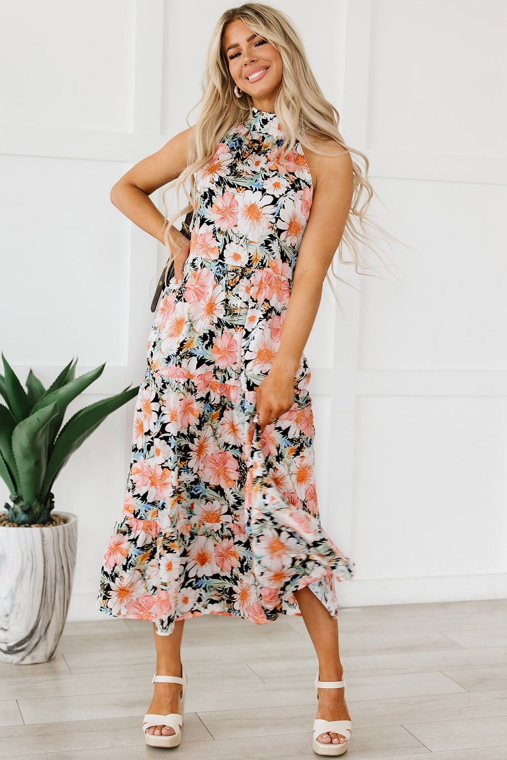 Black Boho Floral Print Knotted Halter Ruffled Maxi Dress - Creative Designs by Shanny