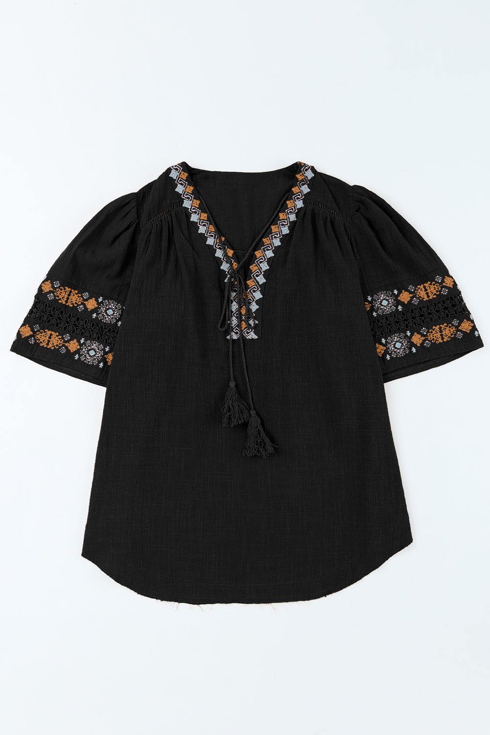 Black Boho Tassel Drawstring Cut Out Embroidered Blouse - Creative Designs by Shanny