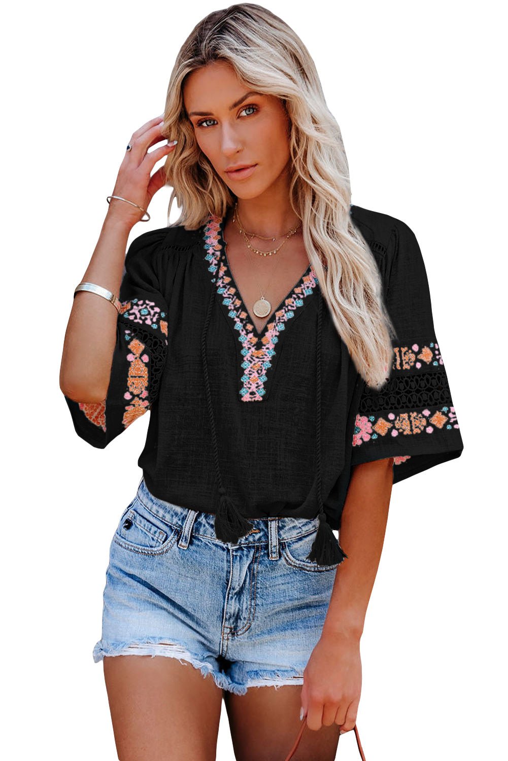 Black Boho Tassel Drawstring Cut Out Embroidered Blouse - Creative Designs by Shanny