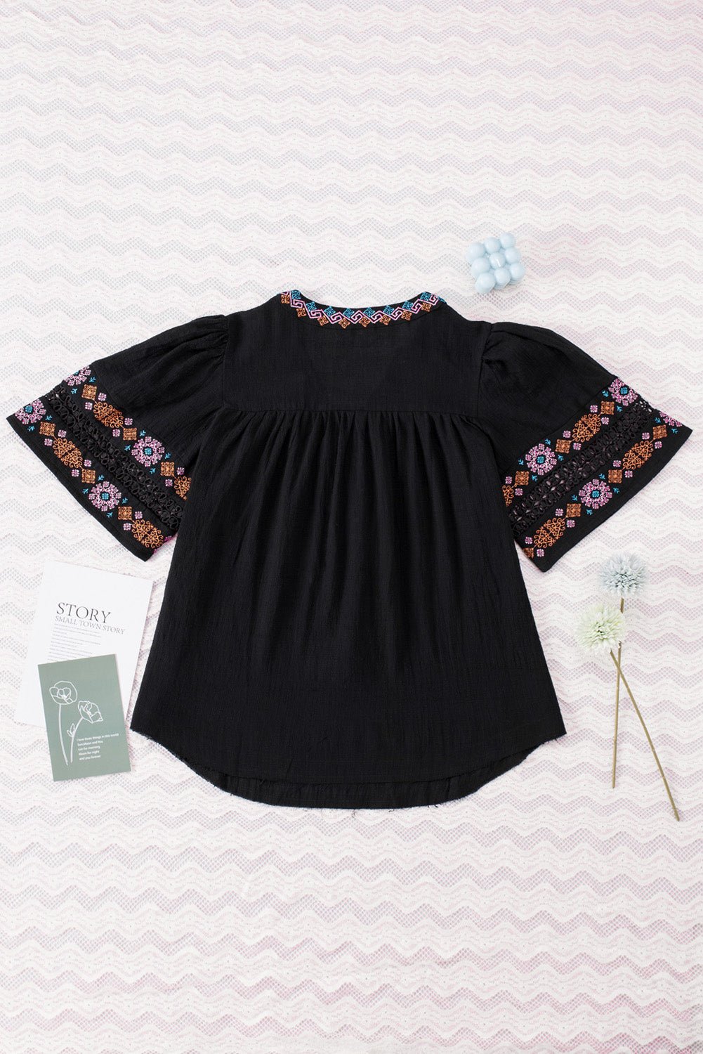 Black Boho Tassel Drawstring Cut Out Embroidered Blouse - Creative Designs by Shanny