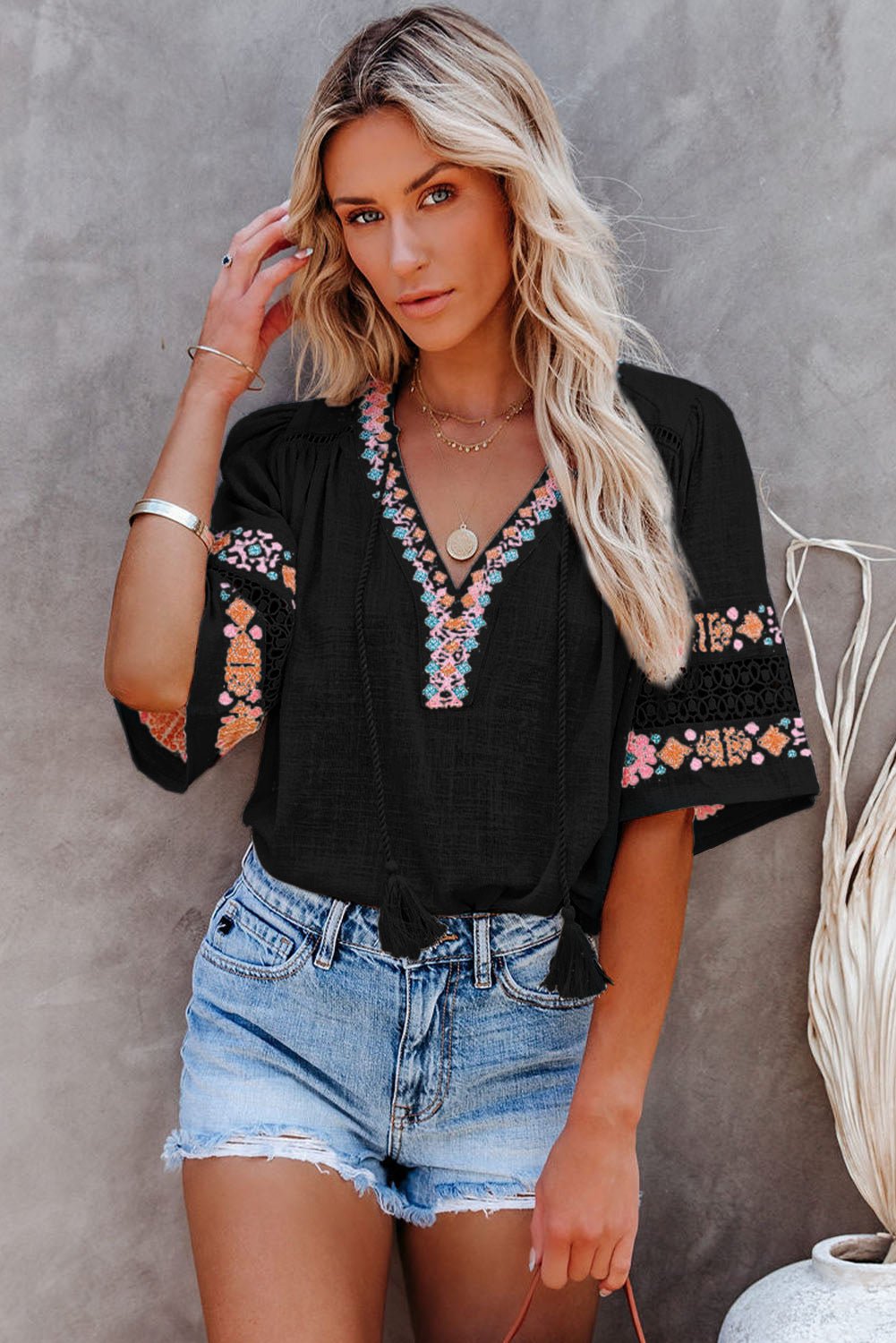 Black Boho Tassel Drawstring Cut Out Embroidered Blouse - Creative Designs by Shanny