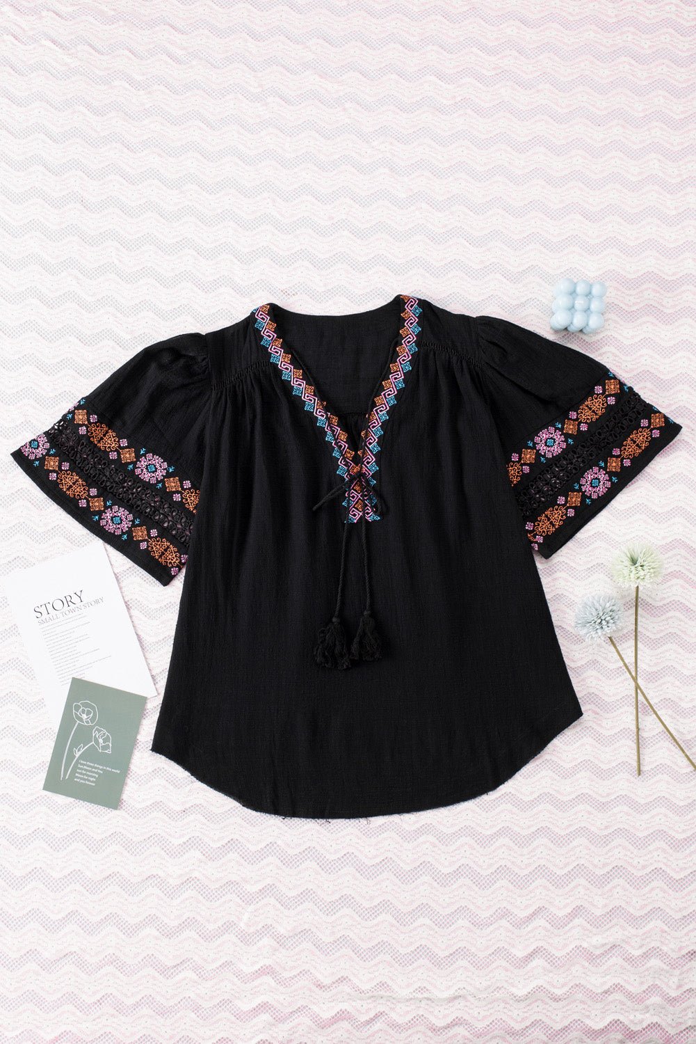 Black Boho Tassel Drawstring Cut Out Embroidered Blouse - Creative Designs by Shanny