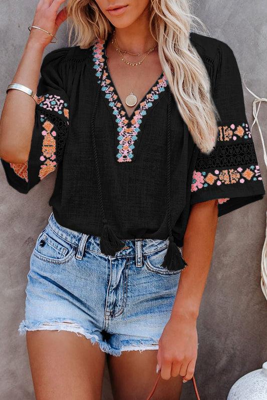 Black Boho Tassel Drawstring Cut Out Embroidered Blouse - Creative Designs by Shanny