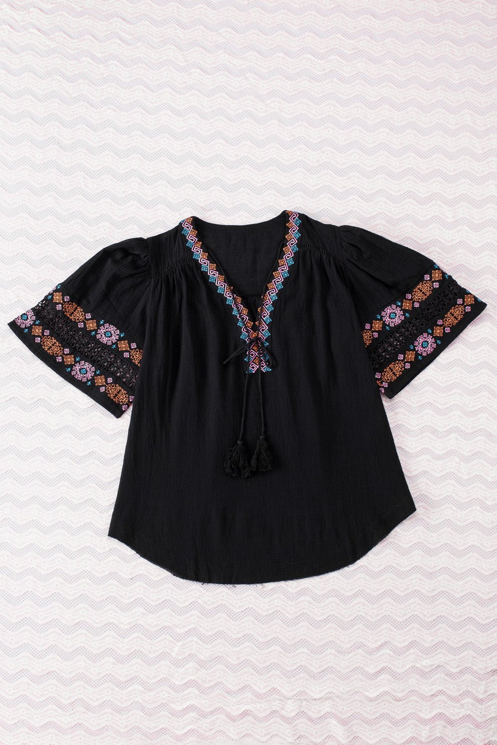 Black Boho Tassel Drawstring Cut Out Embroidered Blouse - Creative Designs by Shanny