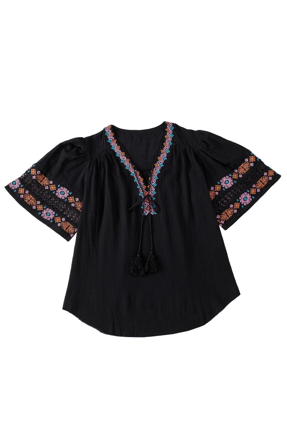 Black Boho Tassel Drawstring Cut Out Embroidered Blouse - Creative Designs by Shanny