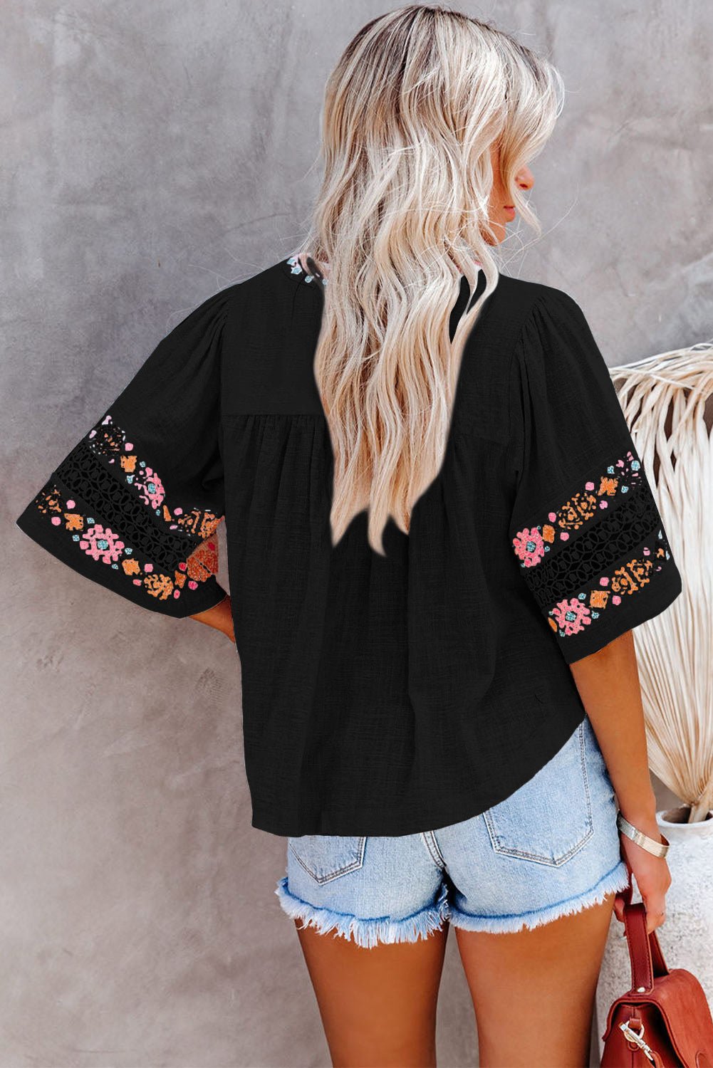 Black Boho Tassel Drawstring Cut Out Embroidered Blouse - Creative Designs by Shanny