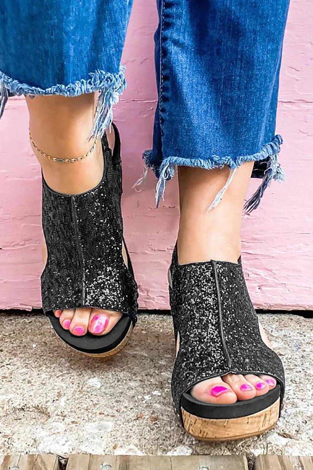 Black Buckle Hollow Out Sequin Wedge Sandals - Creative Designs by Shanny