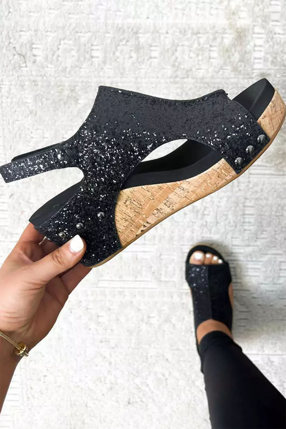 Black Buckle Hollow Out Sequin Wedge Sandals - Creative Designs by Shanny