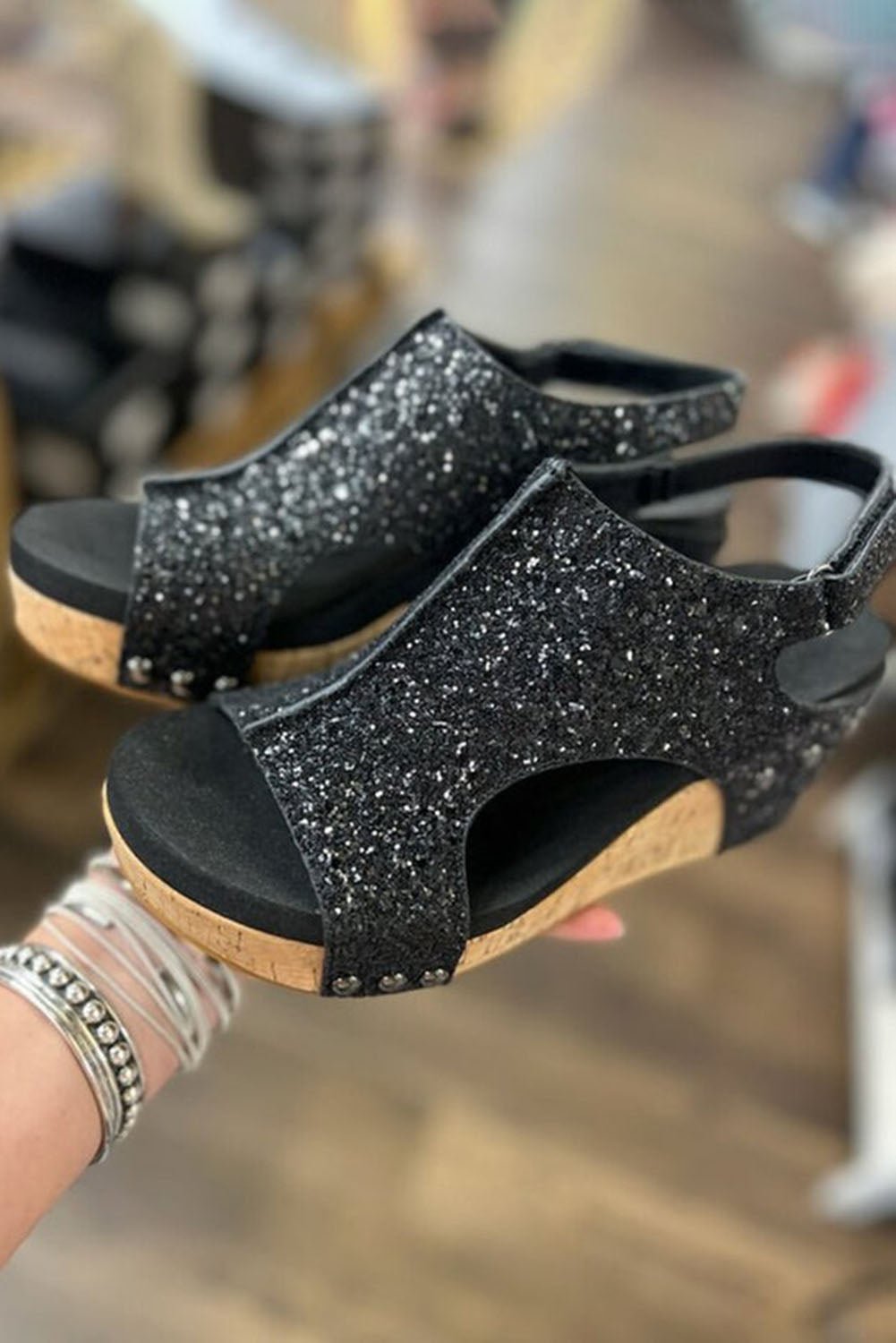 Black Buckle Hollow Out Sequin Wedge Sandals - Creative Designs by Shanny