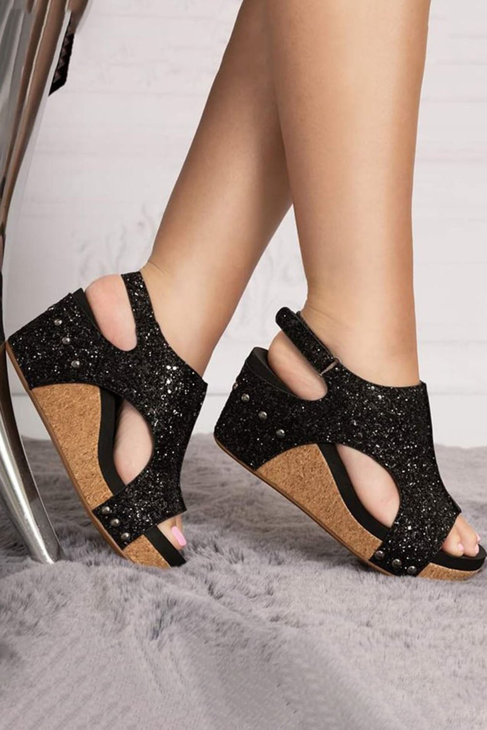 Black Buckle Hollow Out Sequin Wedge Sandals - Creative Designs by Shanny