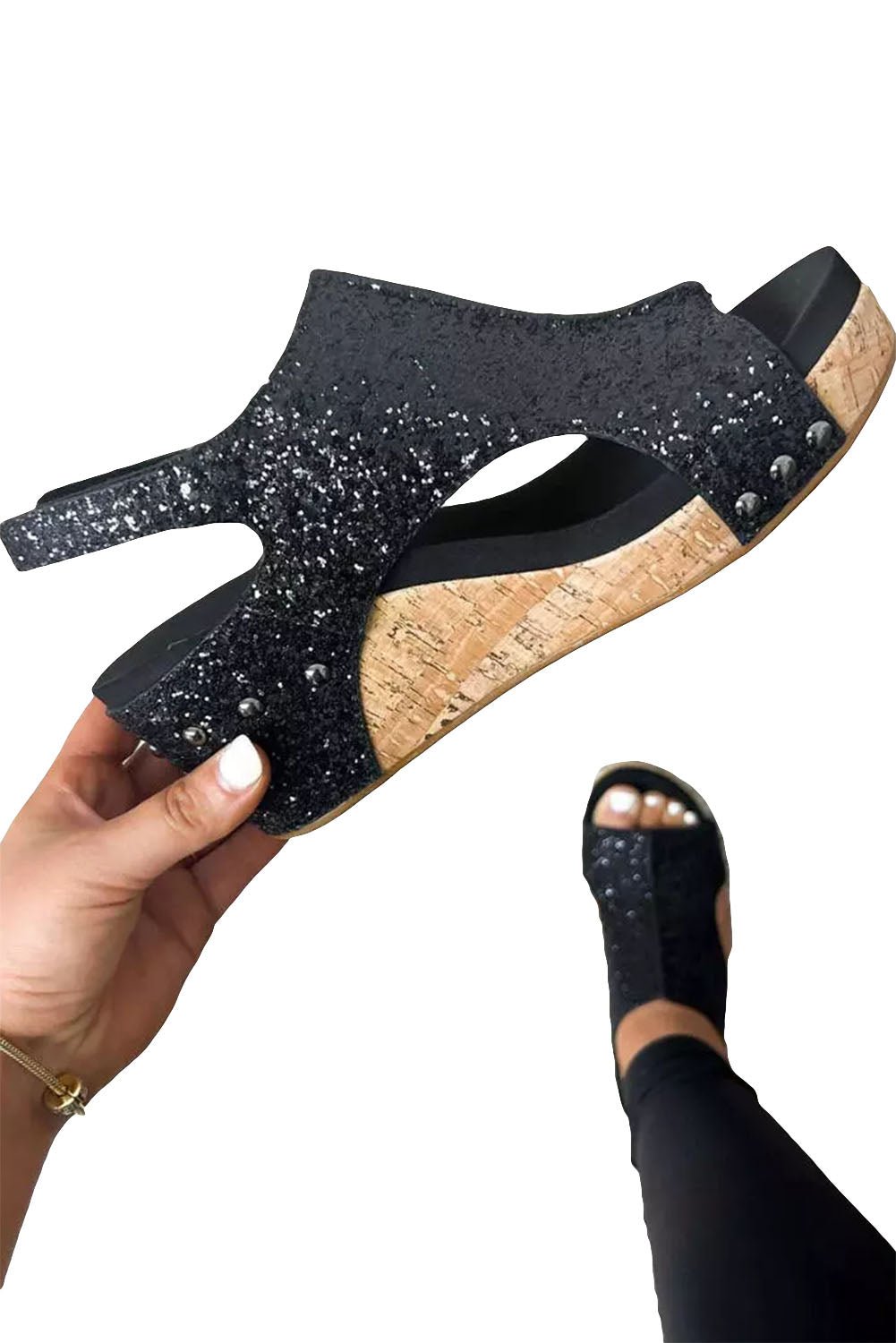 Black Buckle Hollow Out Sequin Wedge Sandals - Creative Designs by Shanny