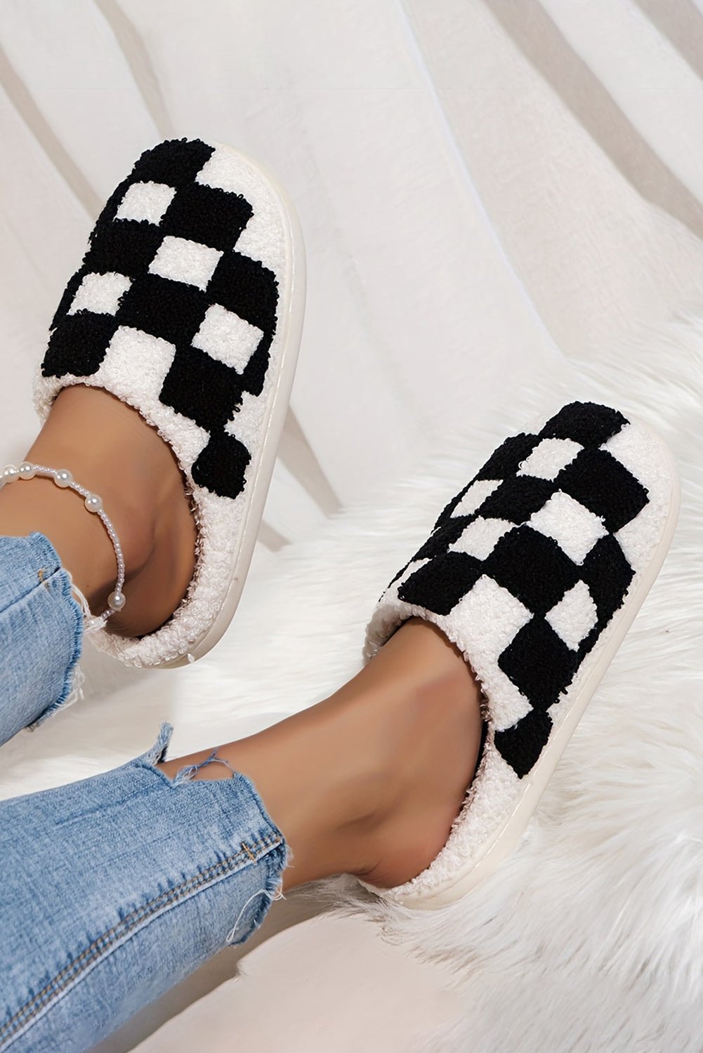 Black Checkered Print Fuzzy Slip On Winter Slippers - Creative Designs by Shanny