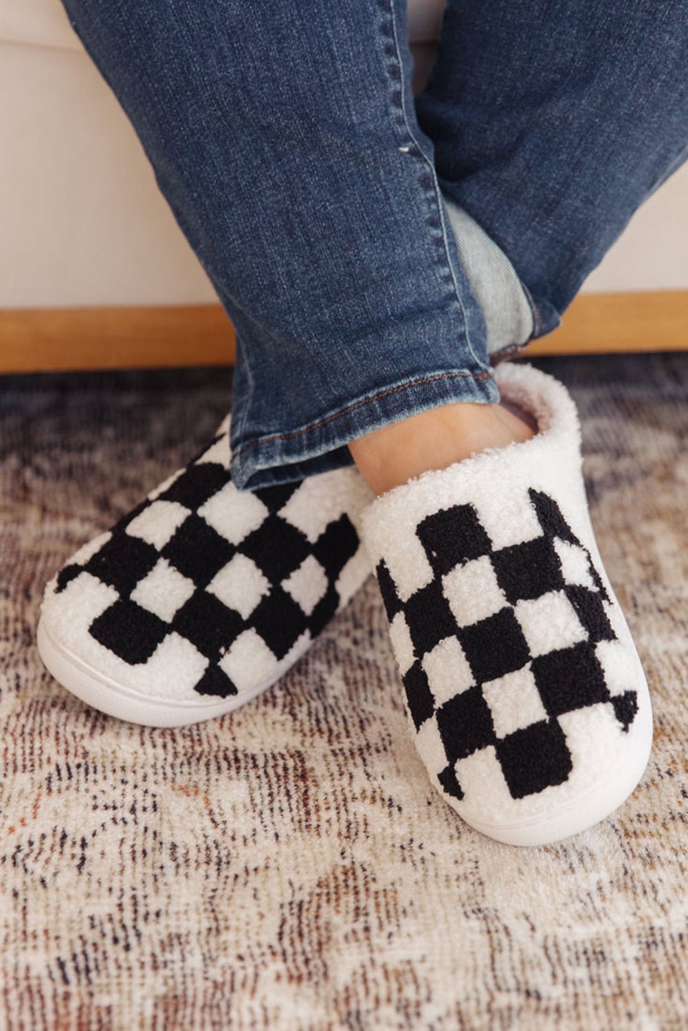 Black Checkered Print Fuzzy Slip On Winter Slippers - Creative Designs by Shanny