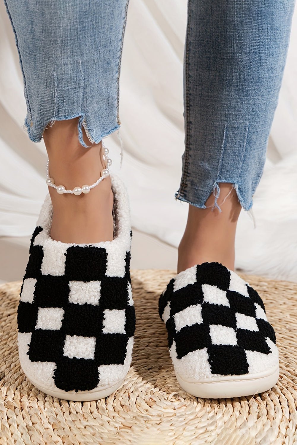 Black Checkered Print Fuzzy Slip On Winter Slippers - Creative Designs by Shanny