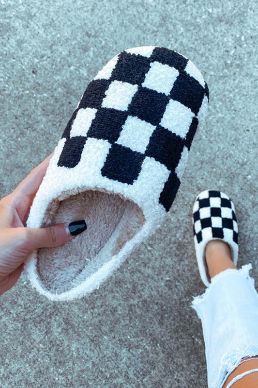 Black Checkered Print Fuzzy Slip On Winter Slippers - Creative Designs by Shanny