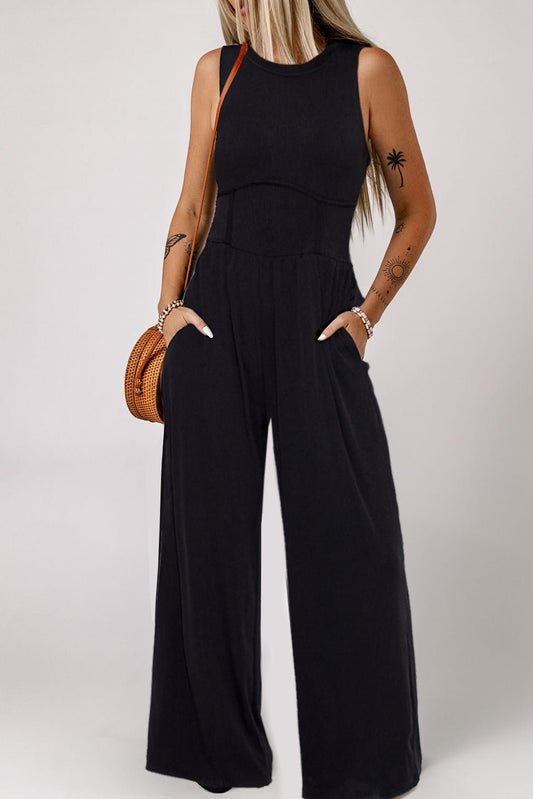 Black Cinched Waist Sleeveless Wide Leg Jumpsuit - Creative Designs by Shanny