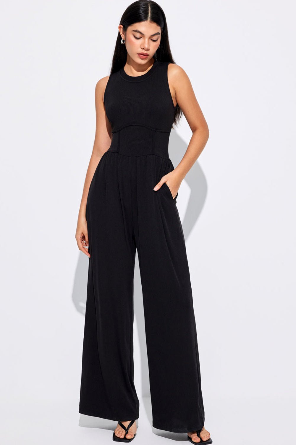 Black Cinched Waist Sleeveless Wide Leg Jumpsuit - Creative Designs by Shanny