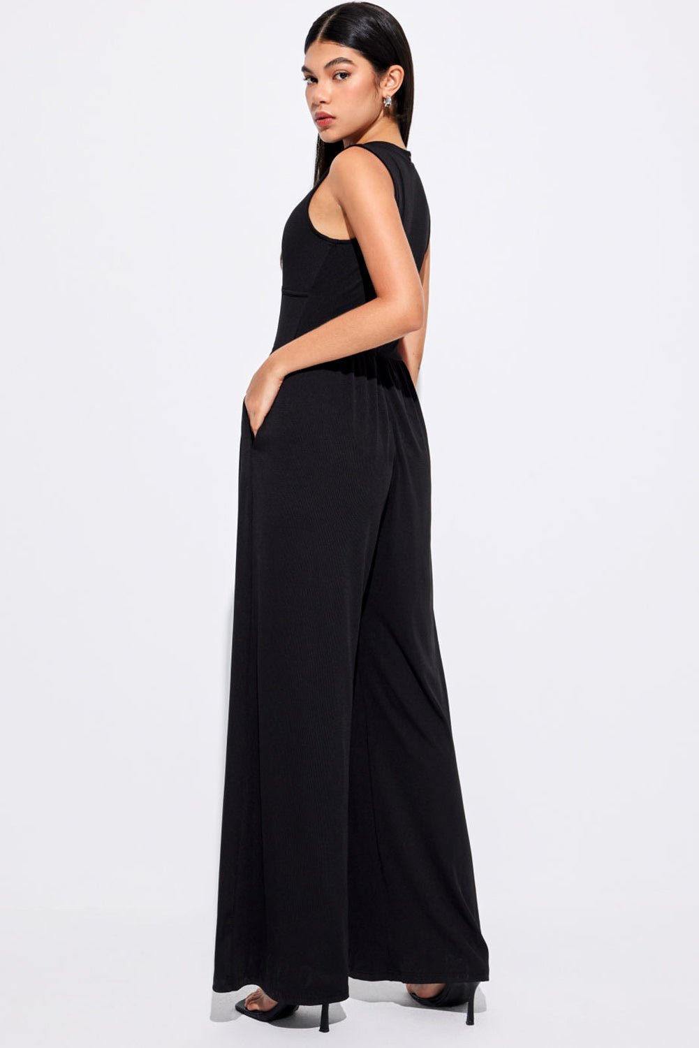 Black Cinched Waist Sleeveless Wide Leg Jumpsuit - Creative Designs by Shanny