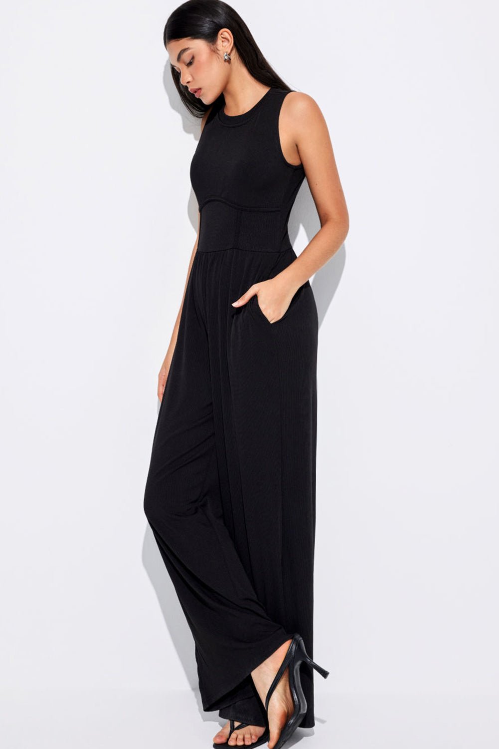 Black Cinched Waist Sleeveless Wide Leg Jumpsuit - Creative Designs by Shanny