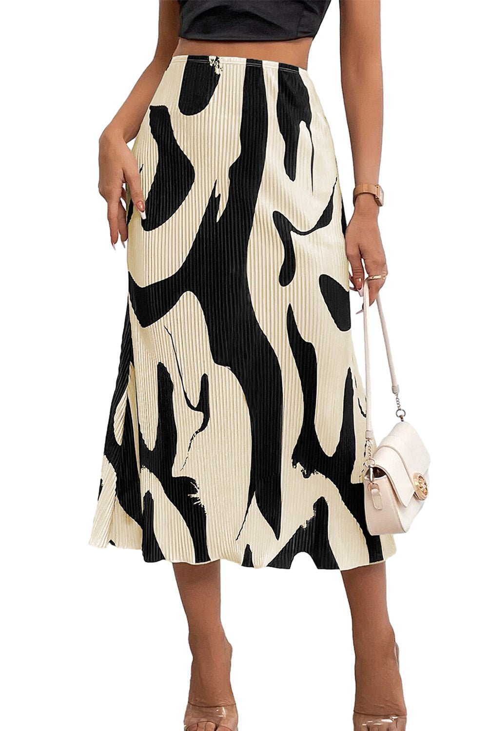 Black Colorblock Abstract Print Pleated Midi Skirt - Creative Designs by Shanny