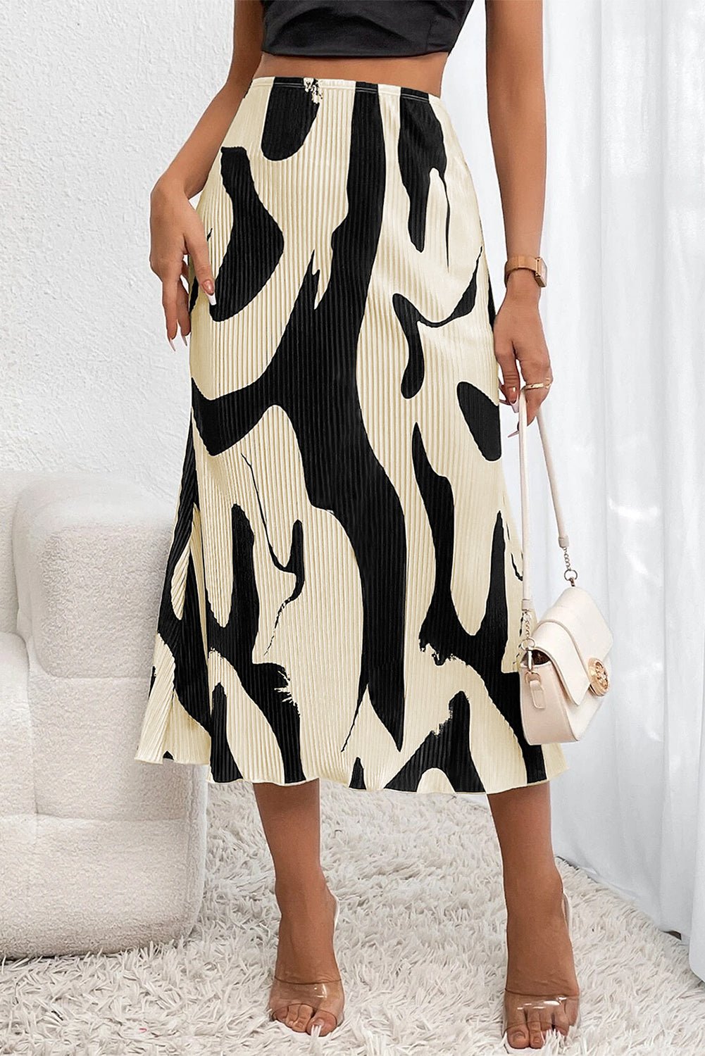 Black Colorblock Abstract Print Pleated Midi Skirt - Creative Designs by Shanny