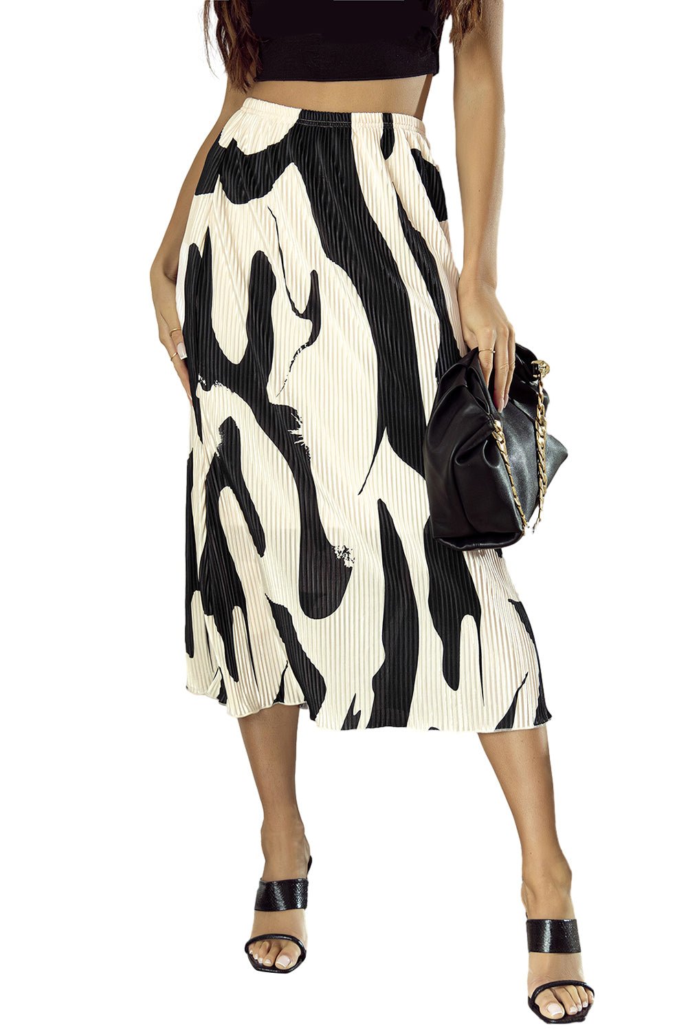 Black Colorblock Abstract Print Pleated Midi Skirt - Creative Designs by Shanny