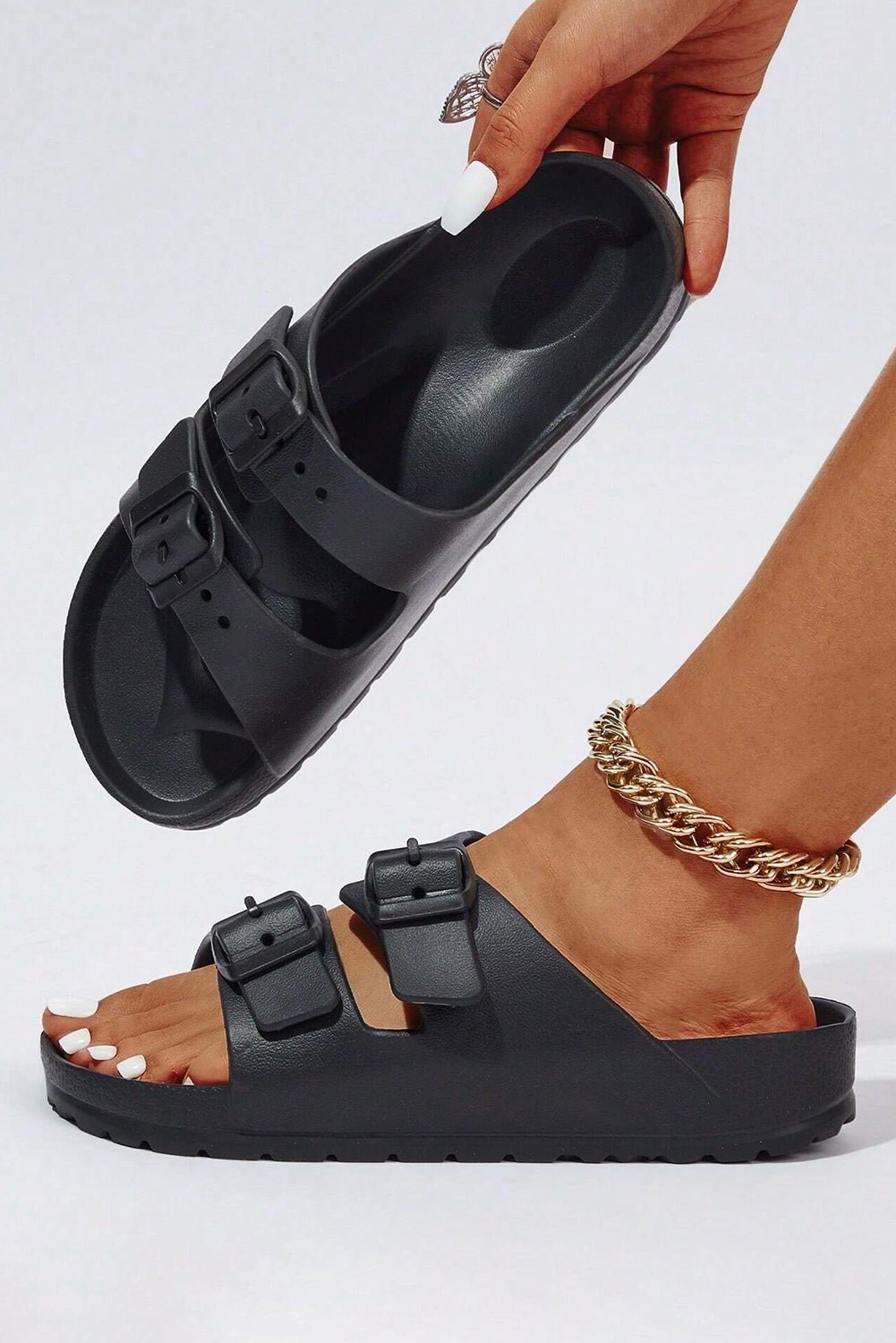 Black Double - buckle EVA Slippers - Creative Designs by Shanny