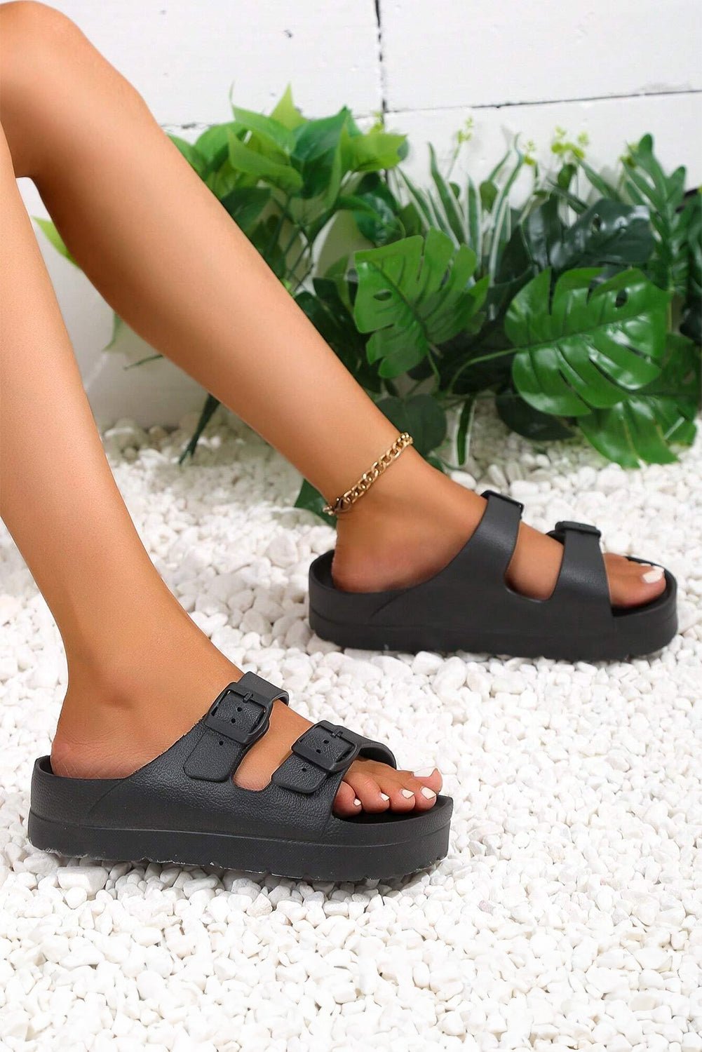 Black Double - buckle EVA Slippers - Creative Designs by Shanny