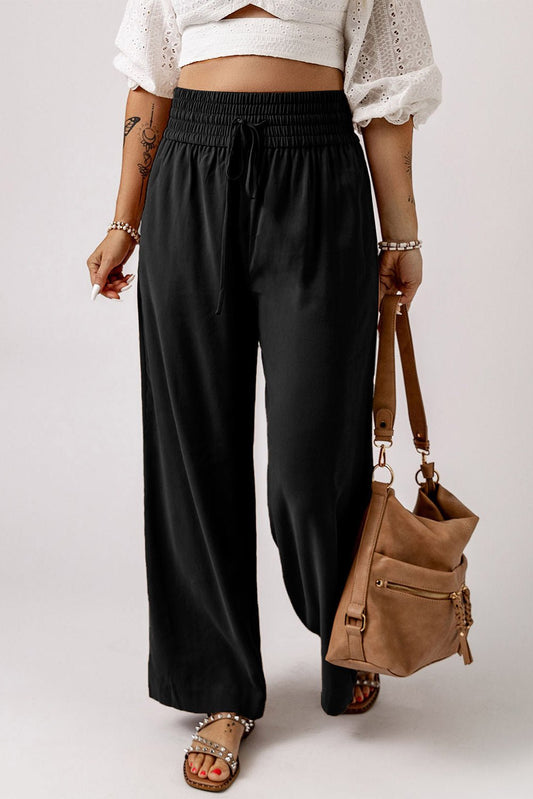 Black Drawstring Elastic Waist Casual Wide Leg Pants - Creative Designs by Shanny