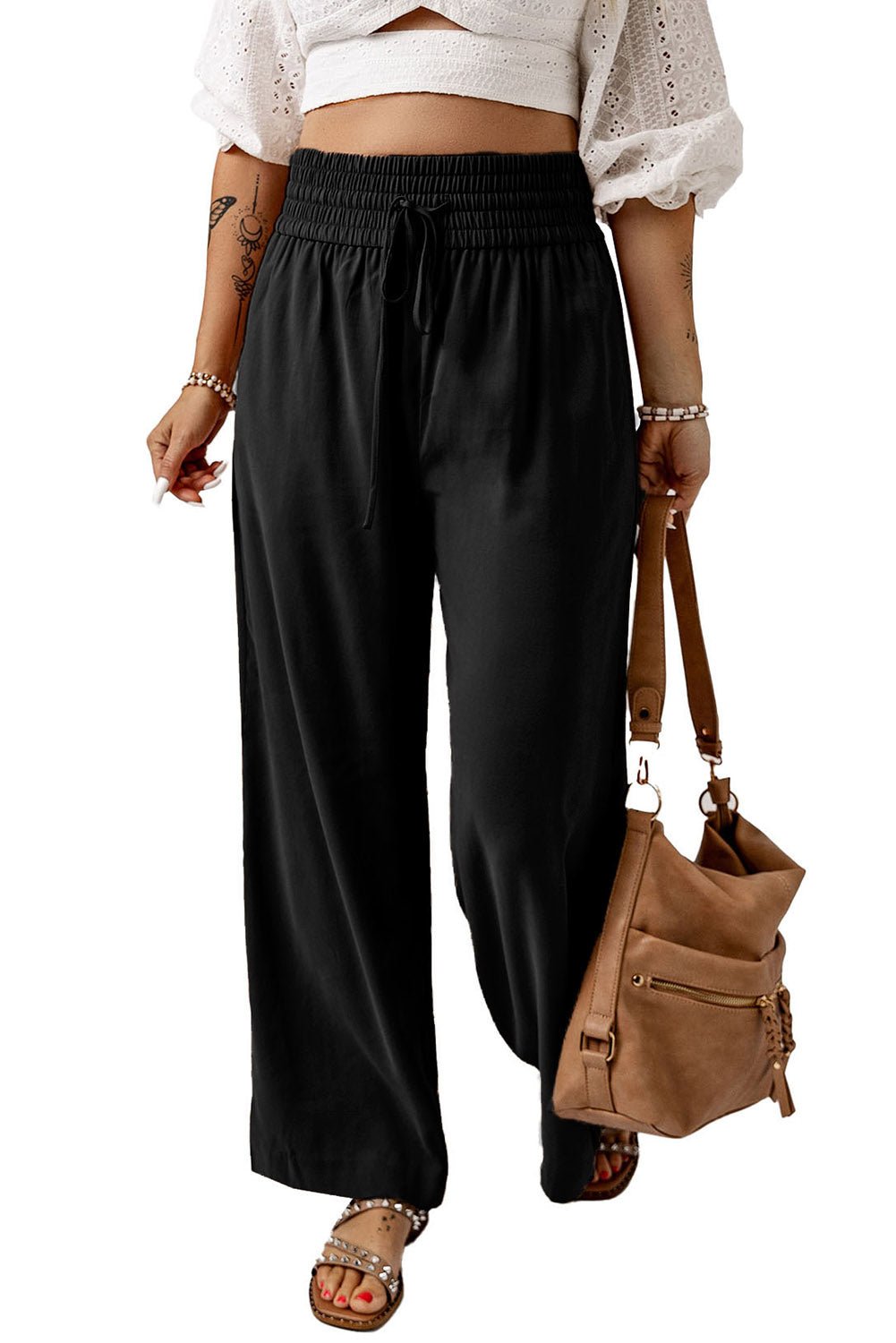 Black Drawstring Elastic Waist Casual Wide Leg Pants - Creative Designs by Shanny