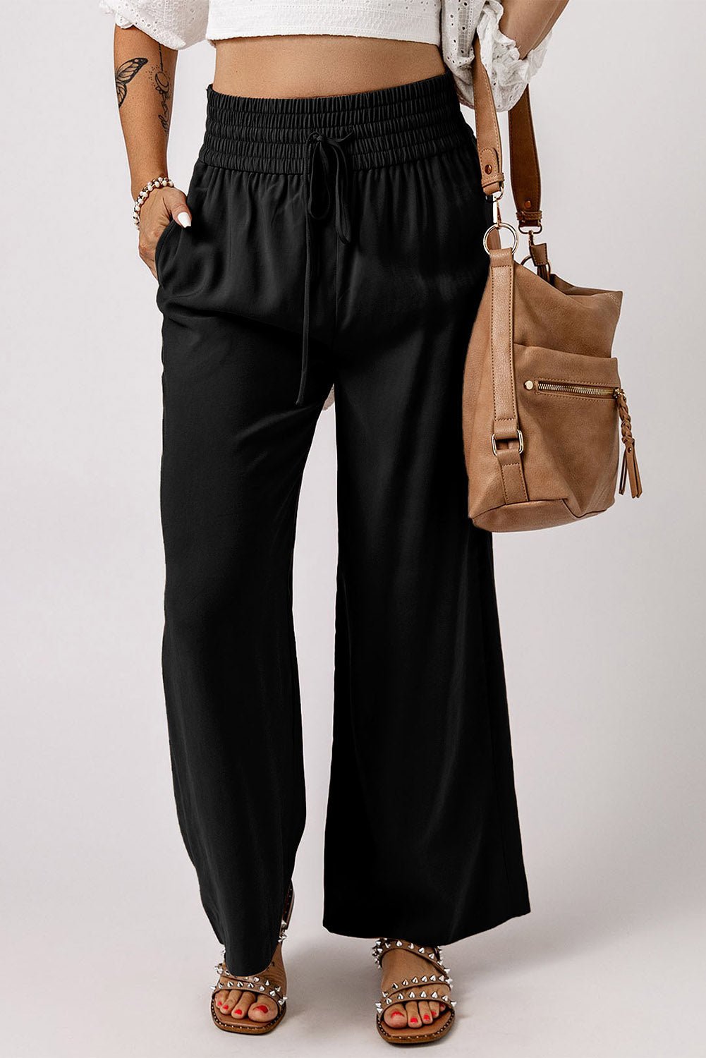 Black Drawstring Elastic Waist Casual Wide Leg Pants - Creative Designs by Shanny