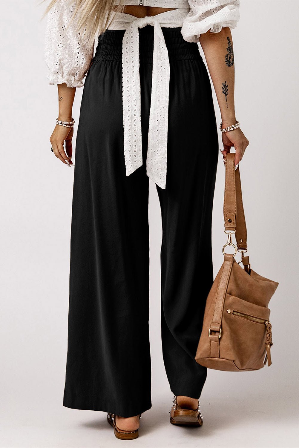 Black Drawstring Elastic Waist Casual Wide Leg Pants - Creative Designs by Shanny