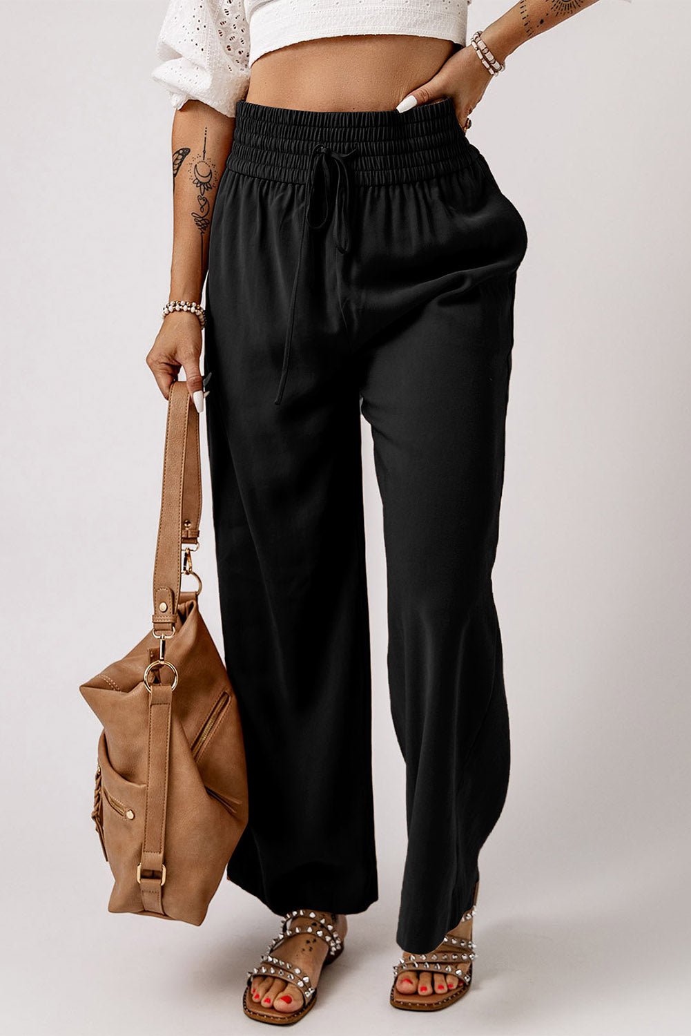 Black Drawstring Elastic Waist Casual Wide Leg Pants - Creative Designs by Shanny