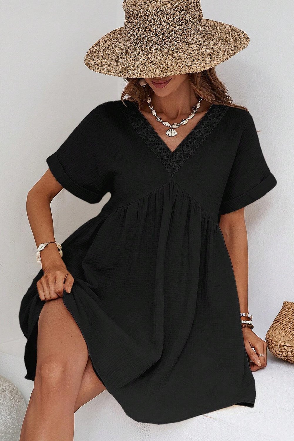 Black Folded Short Sleeve Lace V Neck Mini Dress - Creative Designs by Shanny