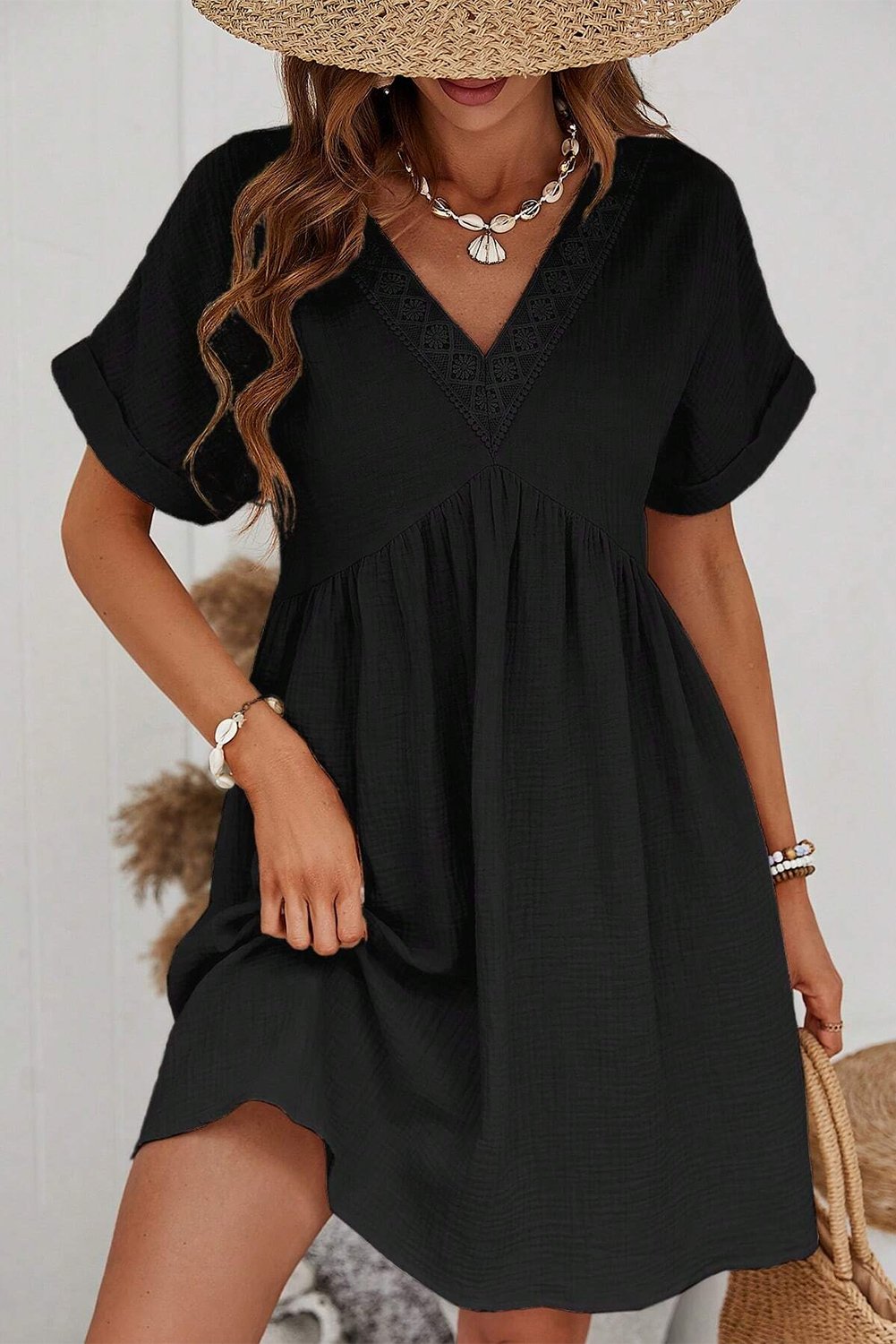 Black Folded Short Sleeve Lace V Neck Mini Dress - Creative Designs by Shanny