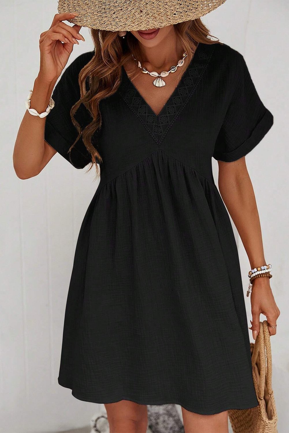 Black Folded Short Sleeve Lace V Neck Mini Dress - Creative Designs by Shanny