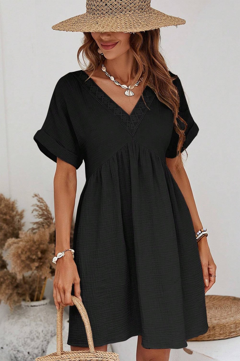 Black Folded Short Sleeve Lace V Neck Mini Dress - Creative Designs by Shanny