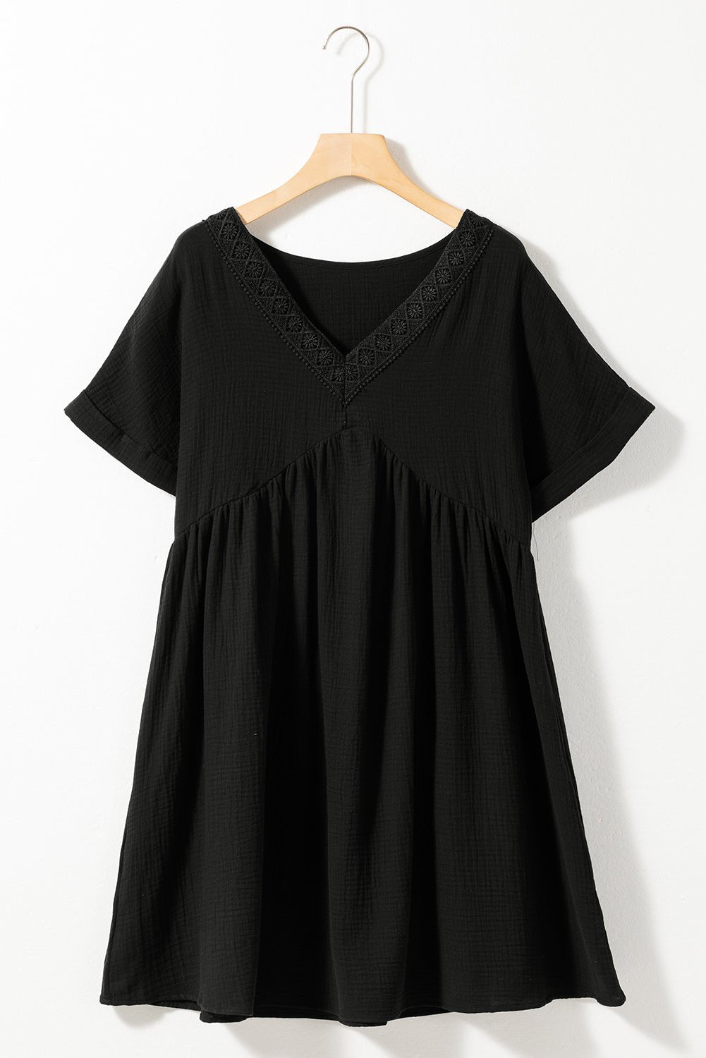 Black Folded Short Sleeve Lace V Neck Mini Dress - Creative Designs by Shanny