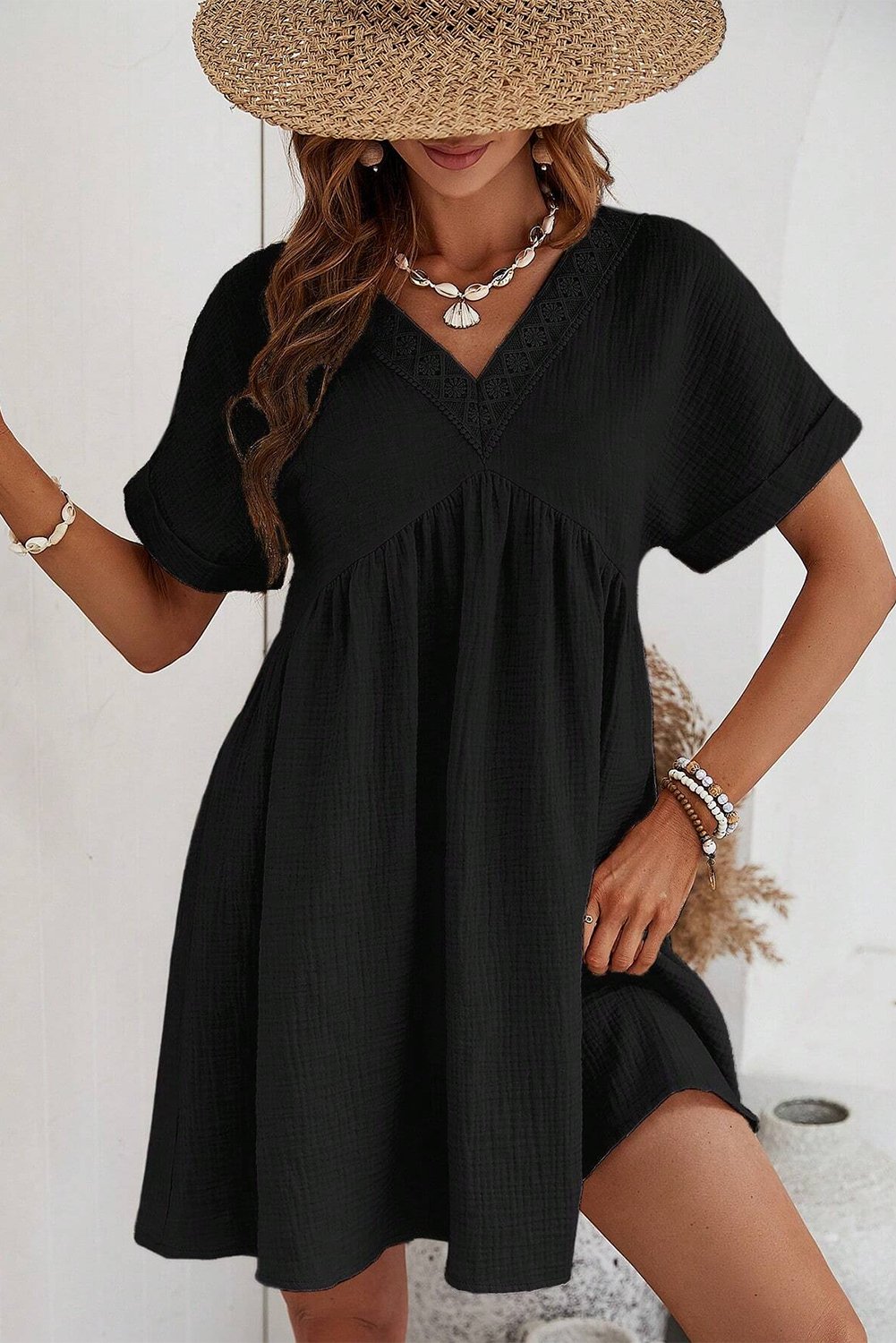 Black Folded Short Sleeve Lace V Neck Mini Dress - Creative Designs by Shanny