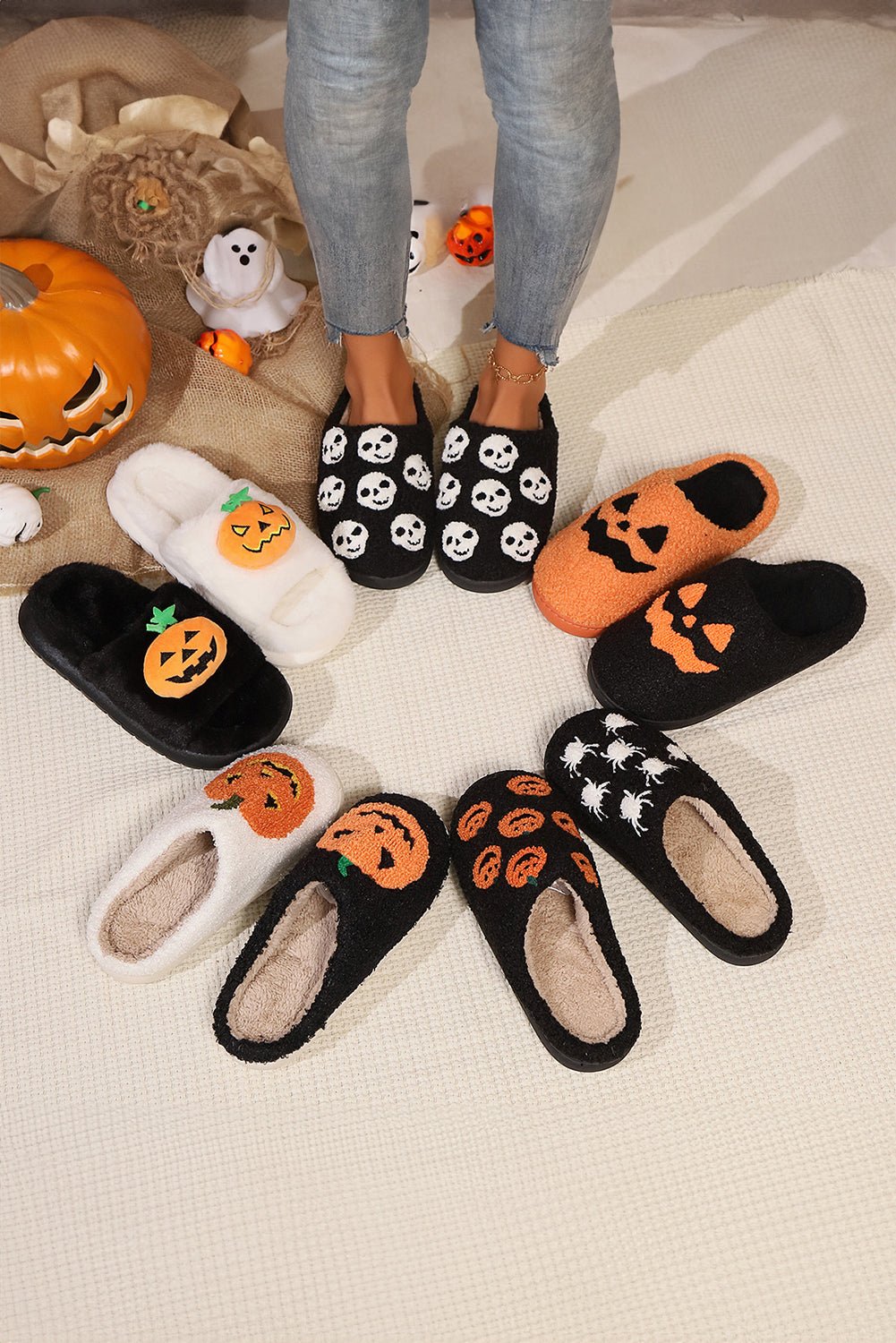 Black Halloween Pumpkin Print Plush Slippers - Creative Designs by Shanny