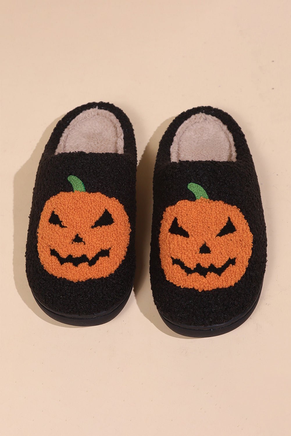 Black Halloween Pumpkin Print Plush Slippers - Creative Designs by Shanny