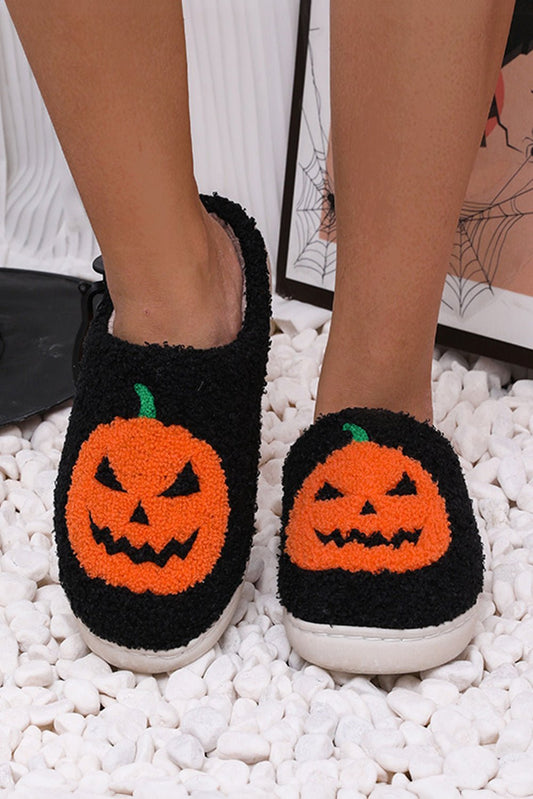 Black Halloween Pumpkin Print Plush Slippers - Creative Designs by Shanny