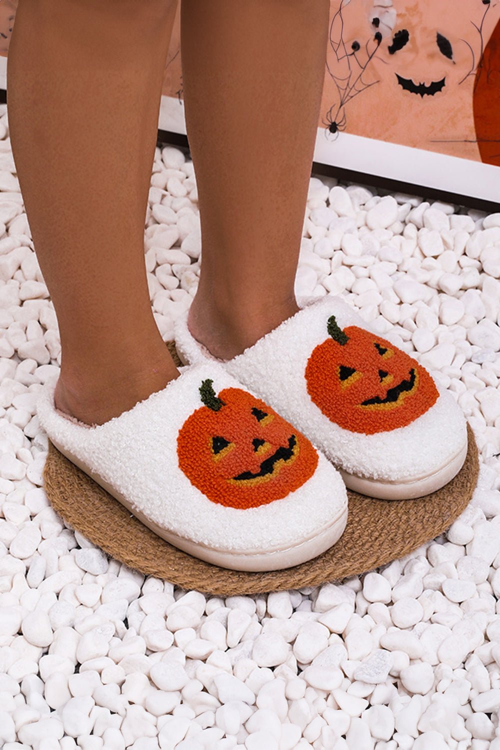 Black Halloween Pumpkin Print Plush Slippers - Creative Designs by Shanny